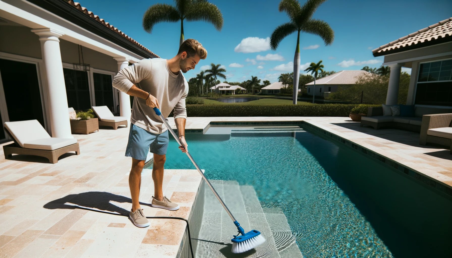 man brushing his new gunite pool in Palm Coast